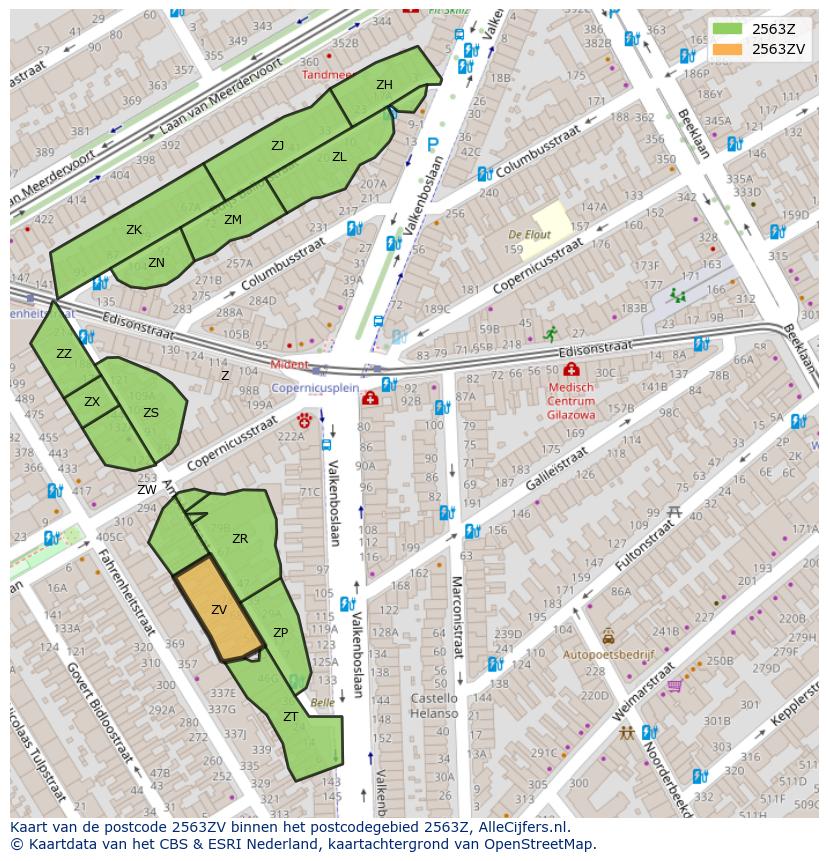 Afbeelding van het postcodegebied 2563 ZV op de kaart.