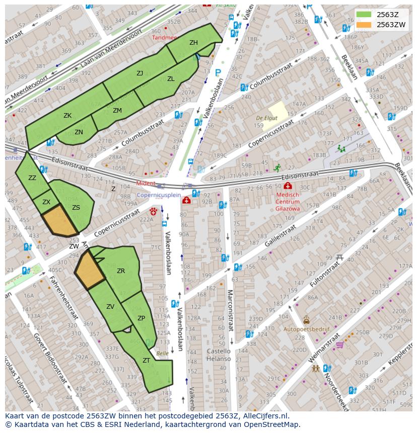 Afbeelding van het postcodegebied 2563 ZW op de kaart.