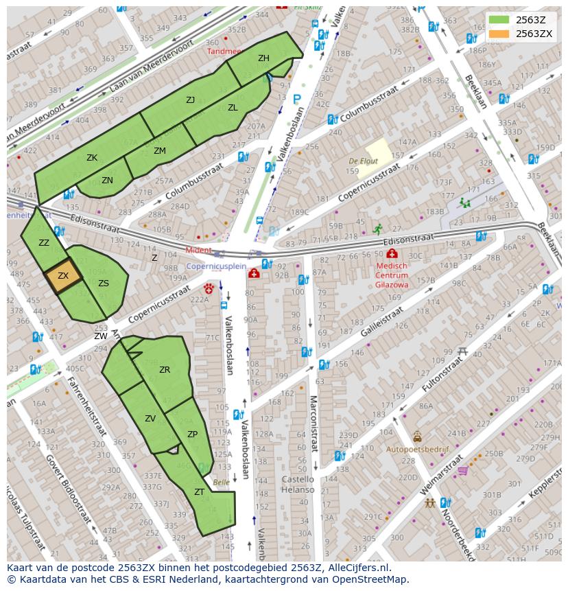 Afbeelding van het postcodegebied 2563 ZX op de kaart.