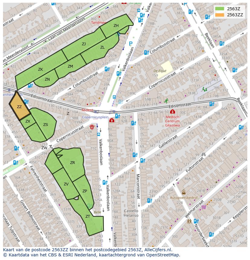 Afbeelding van het postcodegebied 2563 ZZ op de kaart.