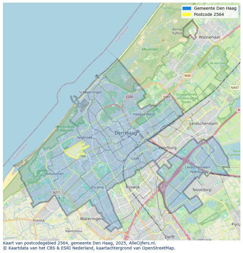 Afbeelding van het postcodegebied 2564 op de kaart.