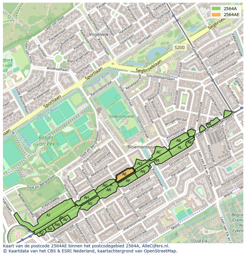 Afbeelding van het postcodegebied 2564 AE op de kaart.