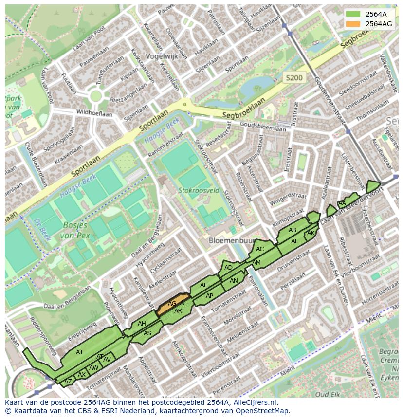 Afbeelding van het postcodegebied 2564 AG op de kaart.