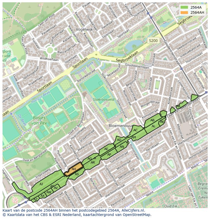 Afbeelding van het postcodegebied 2564 AH op de kaart.