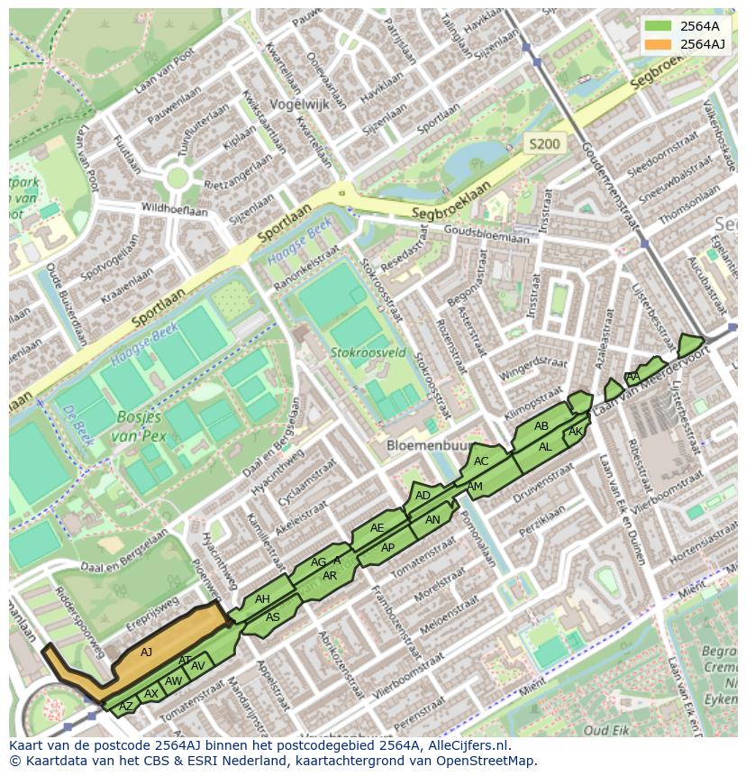 Afbeelding van het postcodegebied 2564 AJ op de kaart.