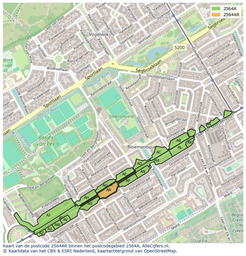 Afbeelding van het postcodegebied 2564 AR op de kaart.