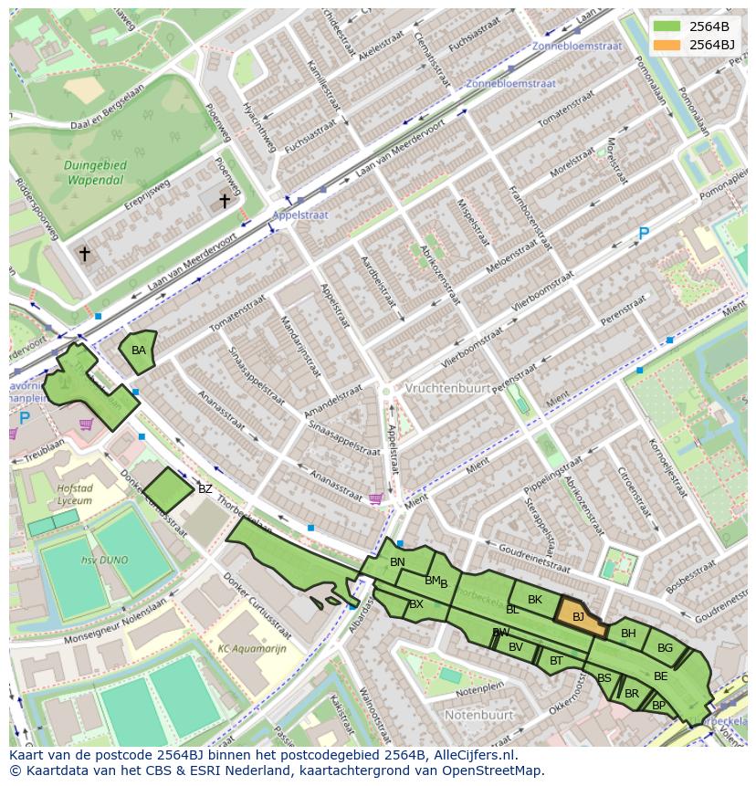 Afbeelding van het postcodegebied 2564 BJ op de kaart.