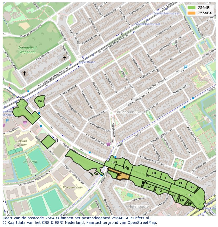 Afbeelding van het postcodegebied 2564 BX op de kaart.