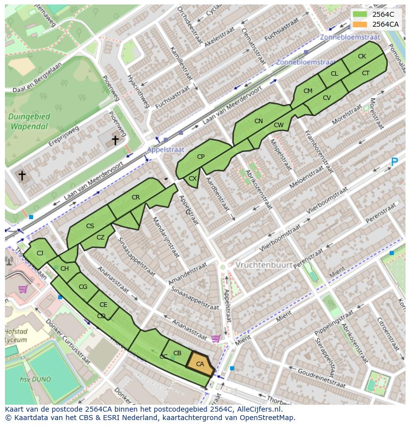 Afbeelding van het postcodegebied 2564 CA op de kaart.