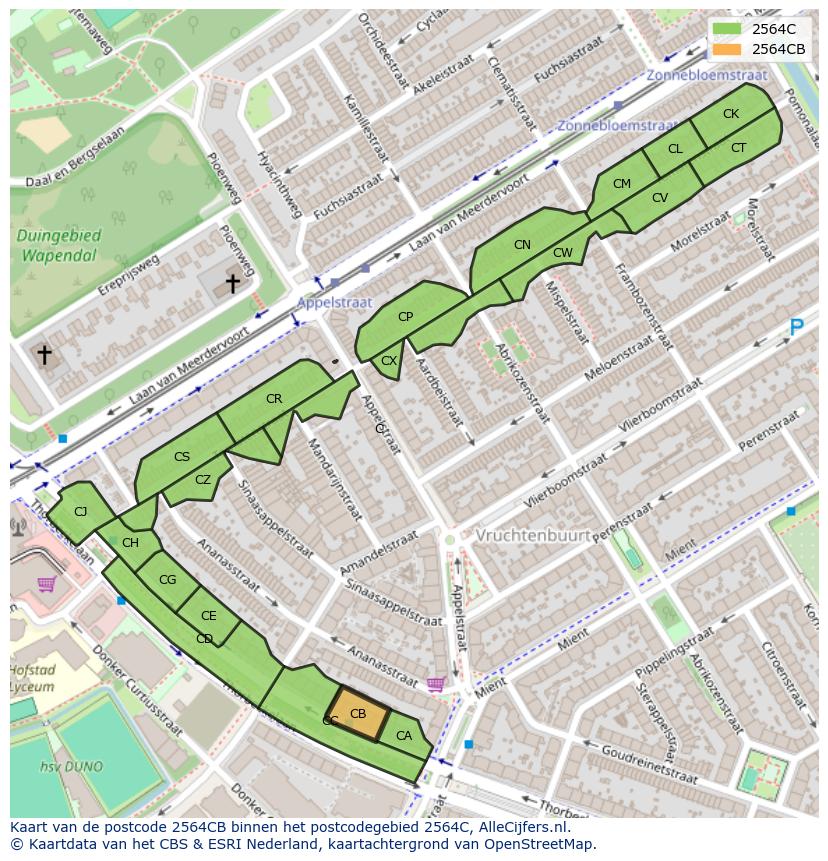 Afbeelding van het postcodegebied 2564 CB op de kaart.