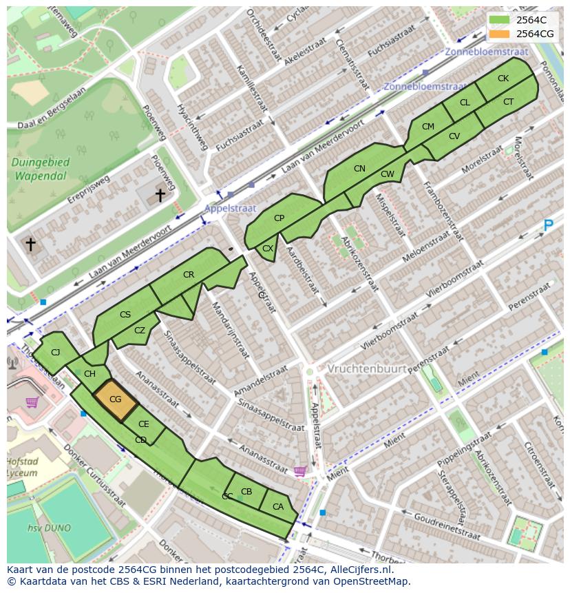 Afbeelding van het postcodegebied 2564 CG op de kaart.