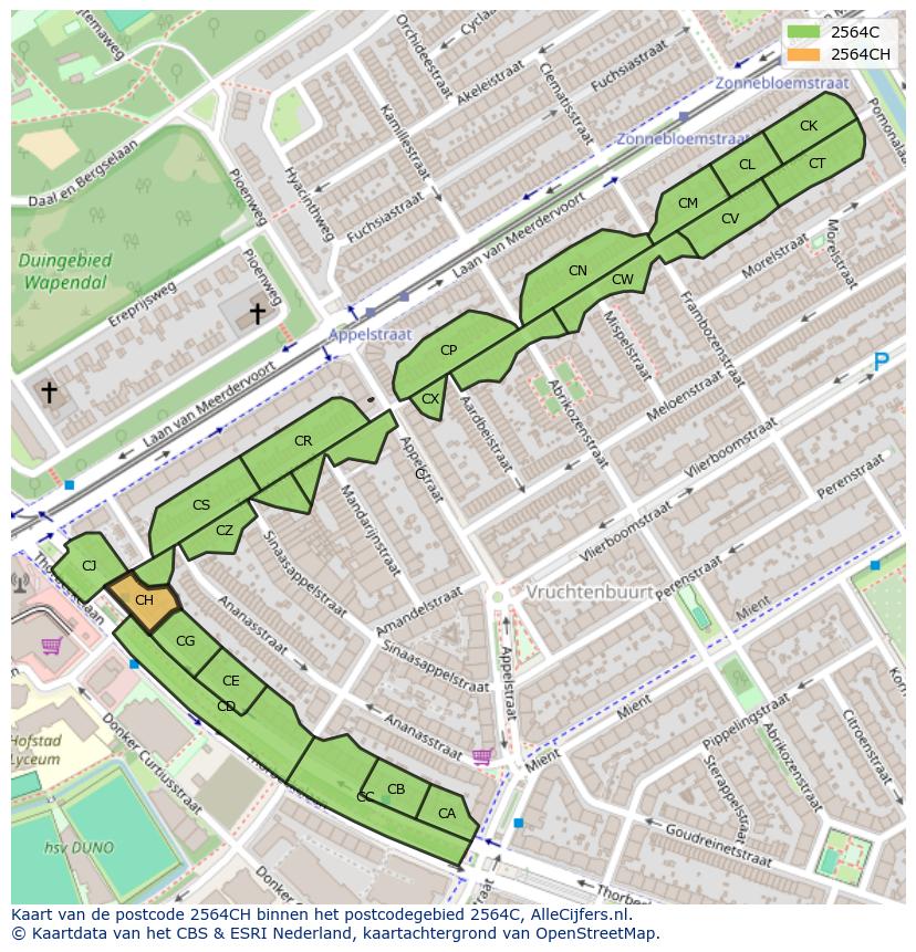 Afbeelding van het postcodegebied 2564 CH op de kaart.