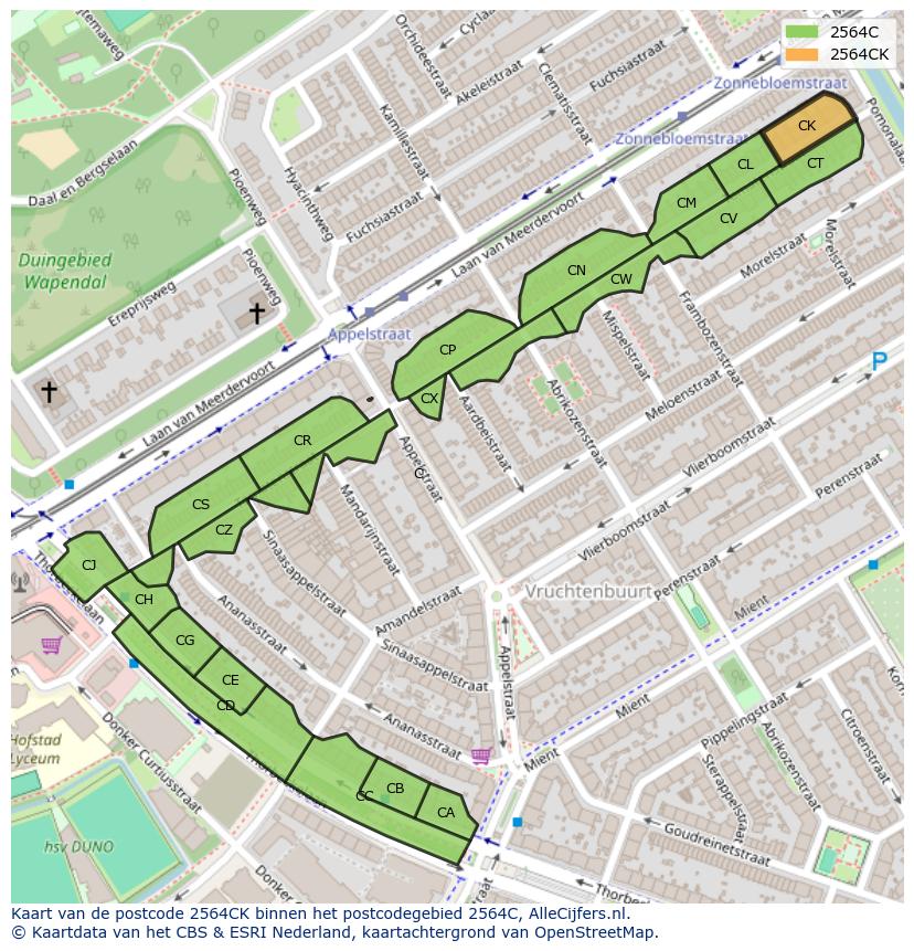Afbeelding van het postcodegebied 2564 CK op de kaart.