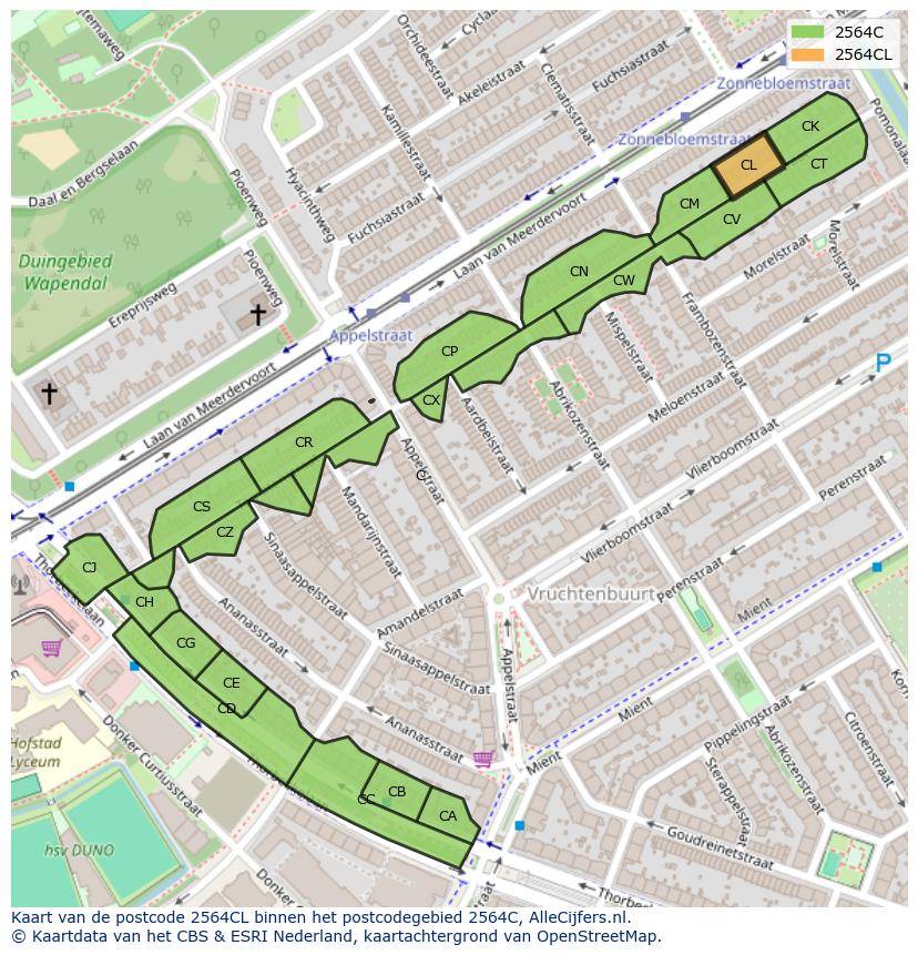 Afbeelding van het postcodegebied 2564 CL op de kaart.