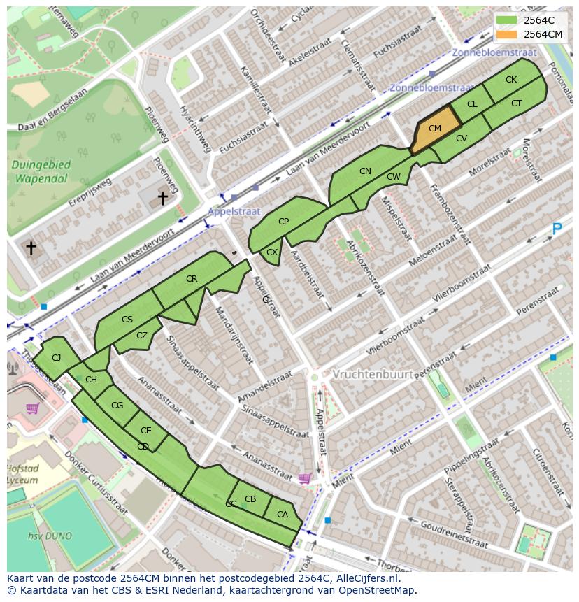 Afbeelding van het postcodegebied 2564 CM op de kaart.