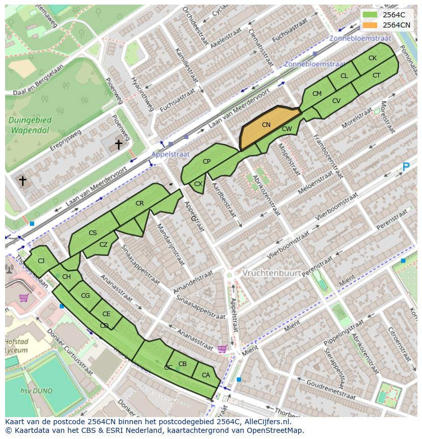 Afbeelding van het postcodegebied 2564 CN op de kaart.