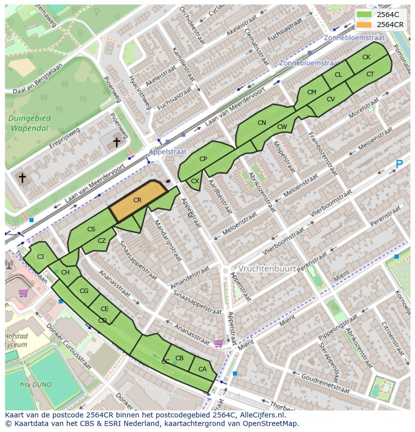 Afbeelding van het postcodegebied 2564 CR op de kaart.