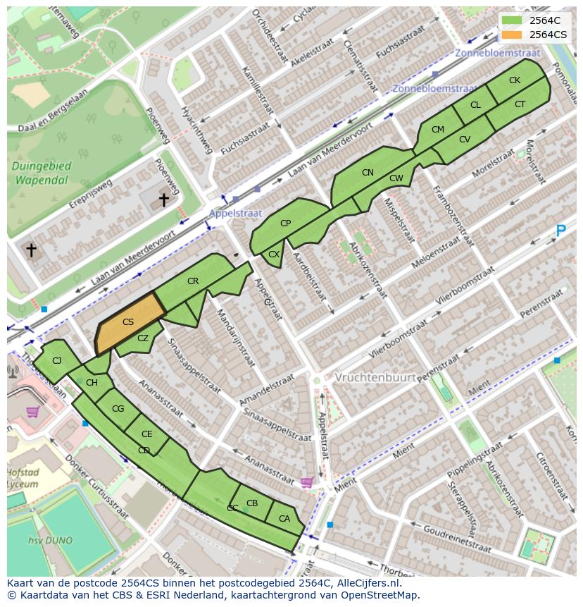 Afbeelding van het postcodegebied 2564 CS op de kaart.