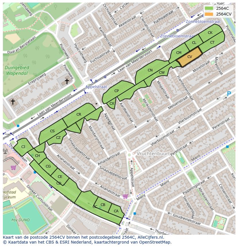 Afbeelding van het postcodegebied 2564 CV op de kaart.