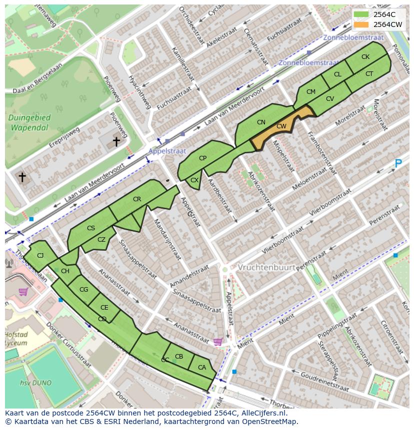 Afbeelding van het postcodegebied 2564 CW op de kaart.