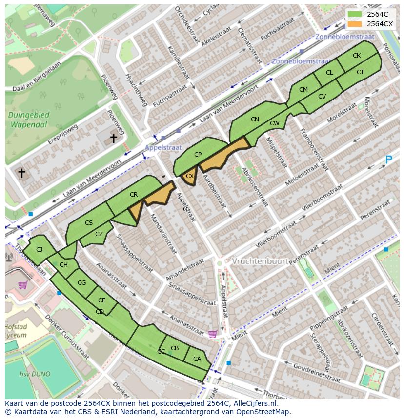 Afbeelding van het postcodegebied 2564 CX op de kaart.