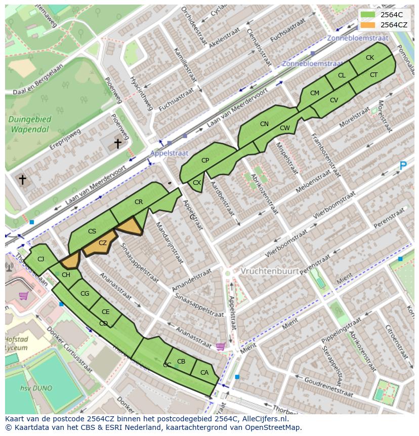 Afbeelding van het postcodegebied 2564 CZ op de kaart.