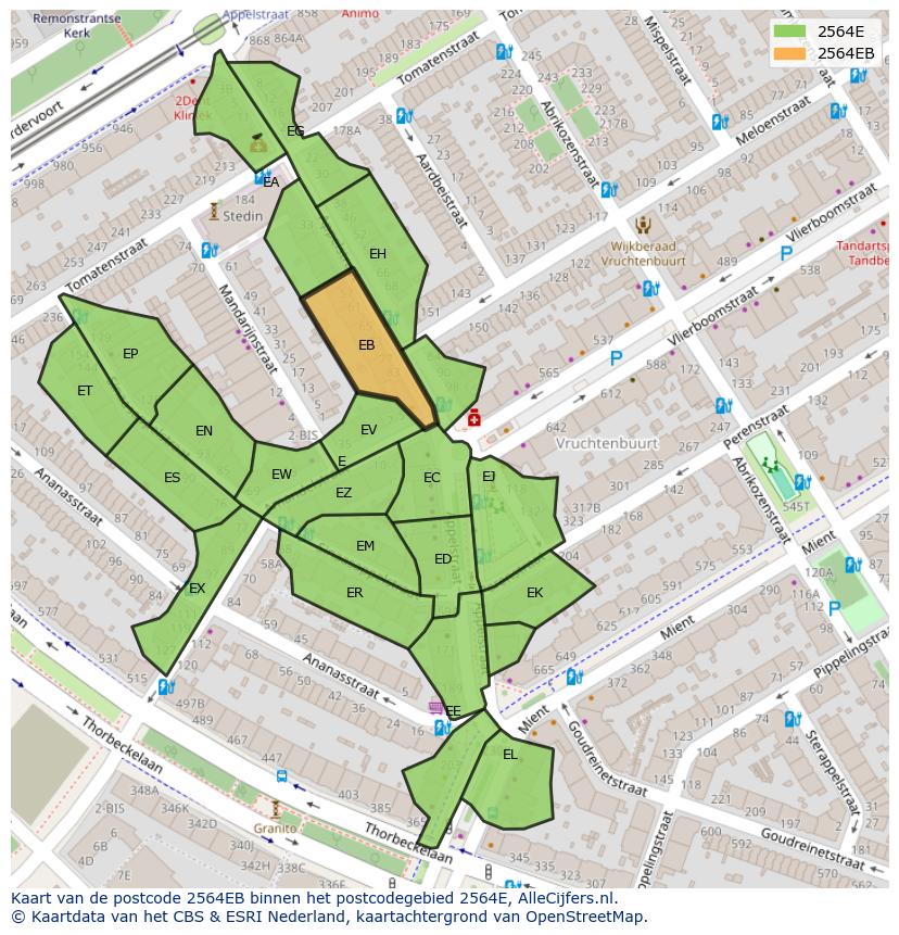 Afbeelding van het postcodegebied 2564 EB op de kaart.