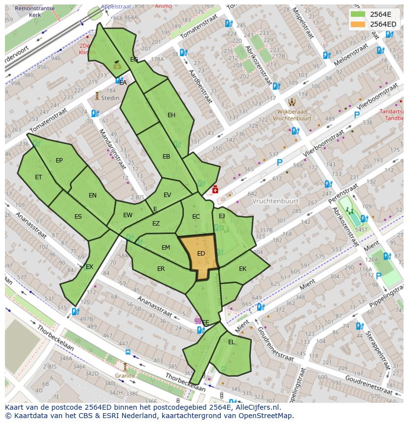 Afbeelding van het postcodegebied 2564 ED op de kaart.