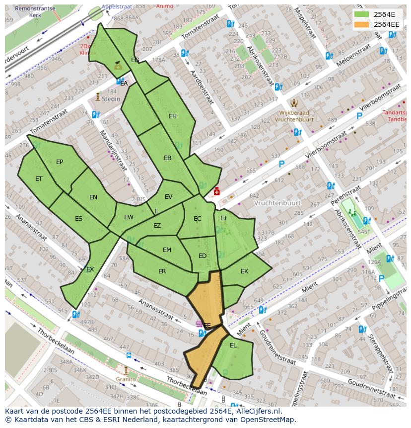 Afbeelding van het postcodegebied 2564 EE op de kaart.