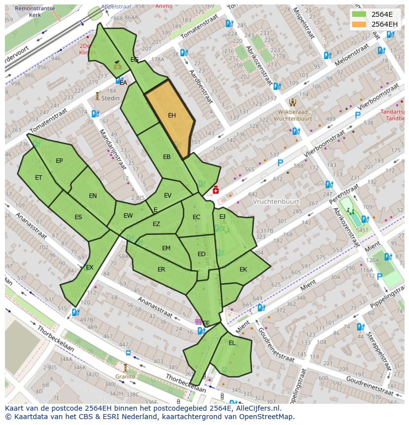 Afbeelding van het postcodegebied 2564 EH op de kaart.
