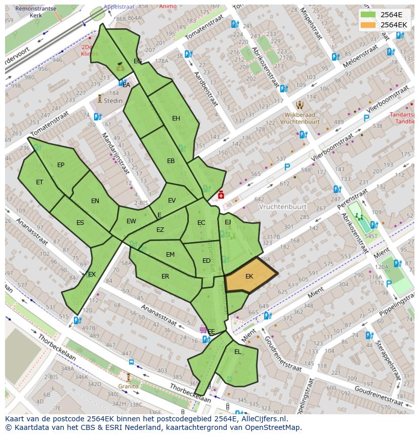 Afbeelding van het postcodegebied 2564 EK op de kaart.