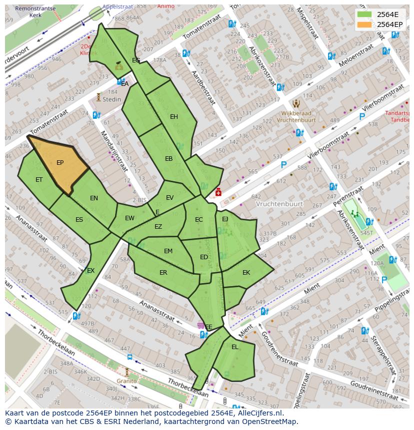 Afbeelding van het postcodegebied 2564 EP op de kaart.