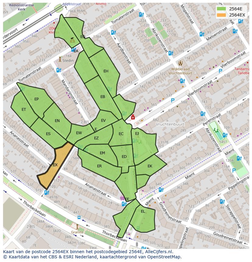 Afbeelding van het postcodegebied 2564 EX op de kaart.