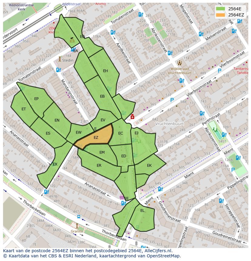 Afbeelding van het postcodegebied 2564 EZ op de kaart.