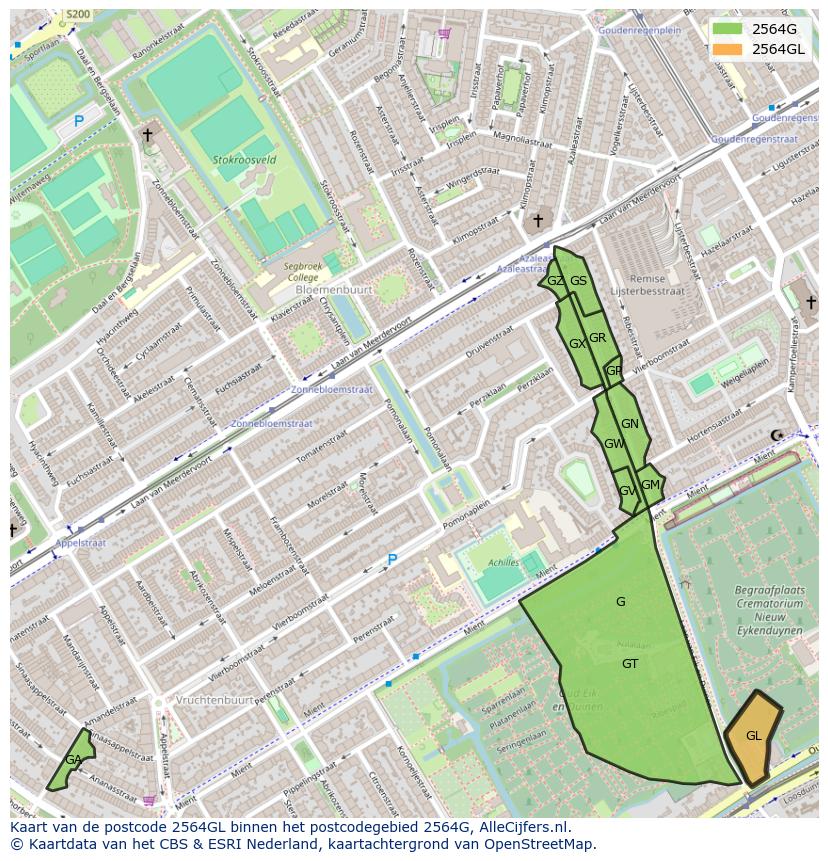 Afbeelding van het postcodegebied 2564 GL op de kaart.