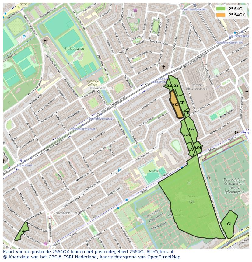 Afbeelding van het postcodegebied 2564 GX op de kaart.