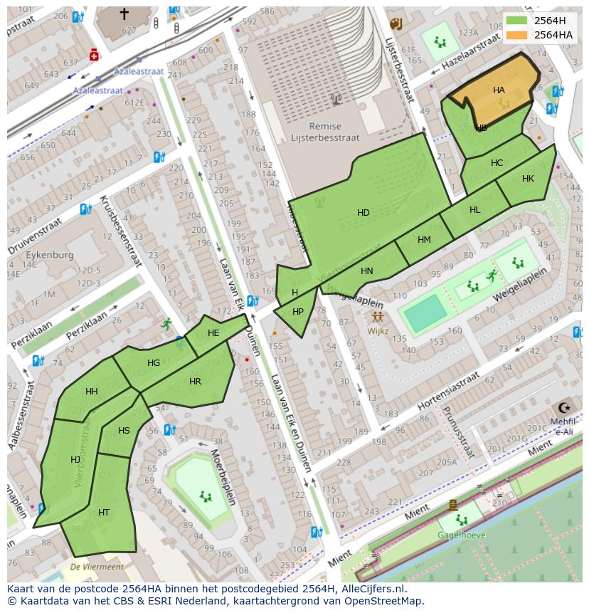 Afbeelding van het postcodegebied 2564 HA op de kaart.