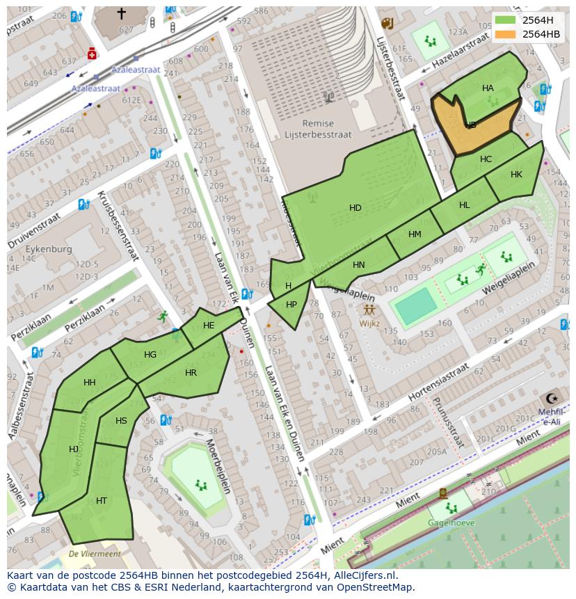 Afbeelding van het postcodegebied 2564 HB op de kaart.