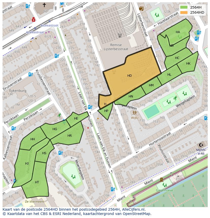 Afbeelding van het postcodegebied 2564 HD op de kaart.
