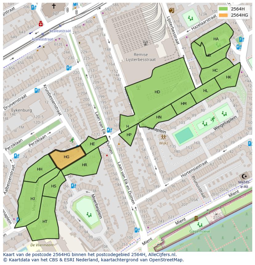 Afbeelding van het postcodegebied 2564 HG op de kaart.