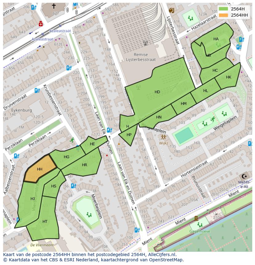 Afbeelding van het postcodegebied 2564 HH op de kaart.
