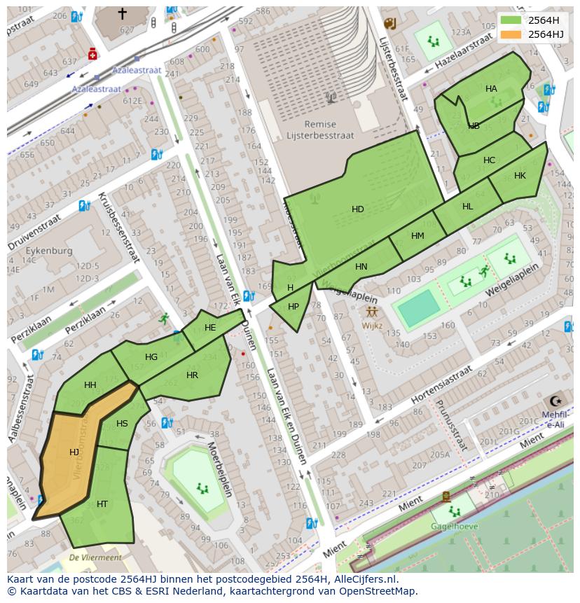 Afbeelding van het postcodegebied 2564 HJ op de kaart.
