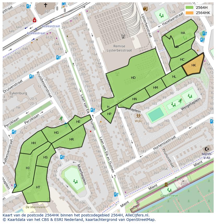Afbeelding van het postcodegebied 2564 HK op de kaart.