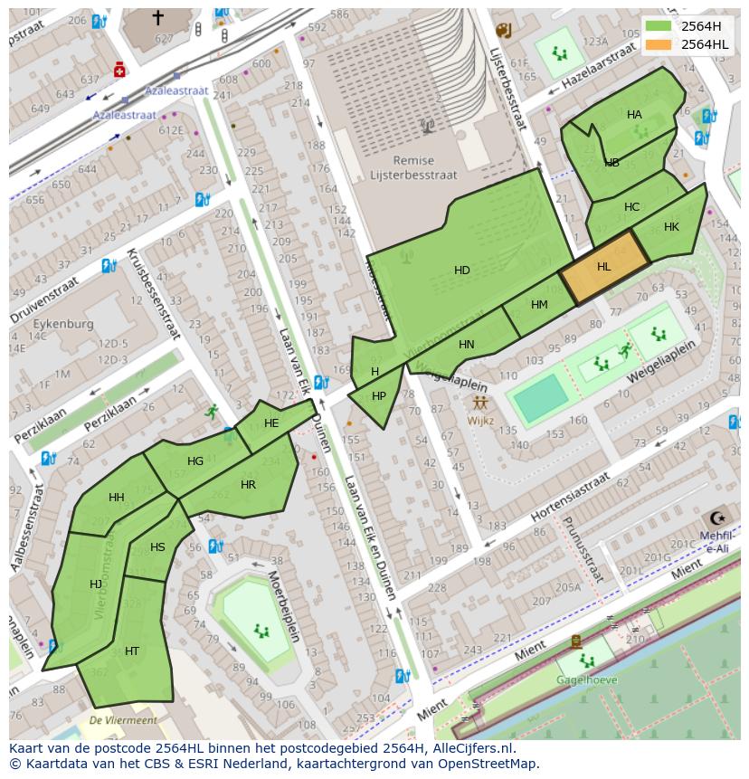 Afbeelding van het postcodegebied 2564 HL op de kaart.