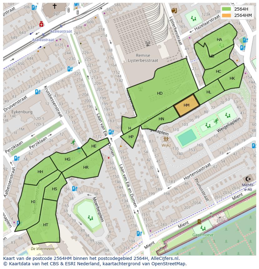 Afbeelding van het postcodegebied 2564 HM op de kaart.