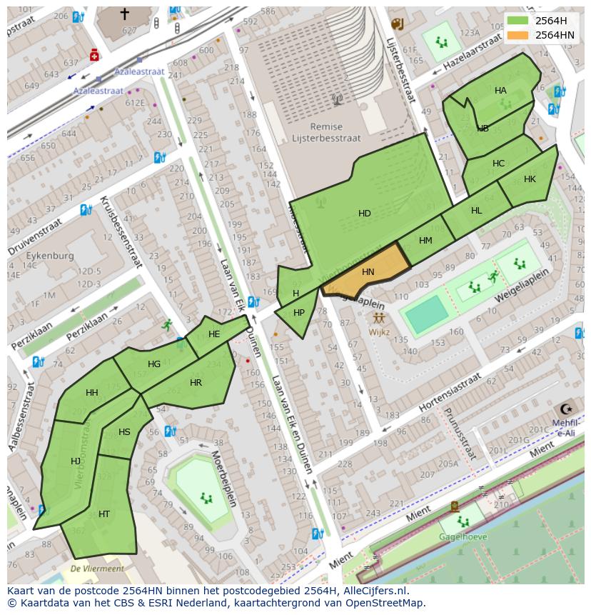 Afbeelding van het postcodegebied 2564 HN op de kaart.