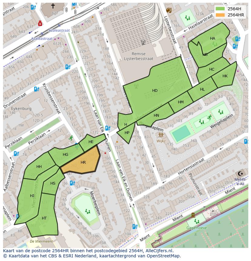 Afbeelding van het postcodegebied 2564 HR op de kaart.