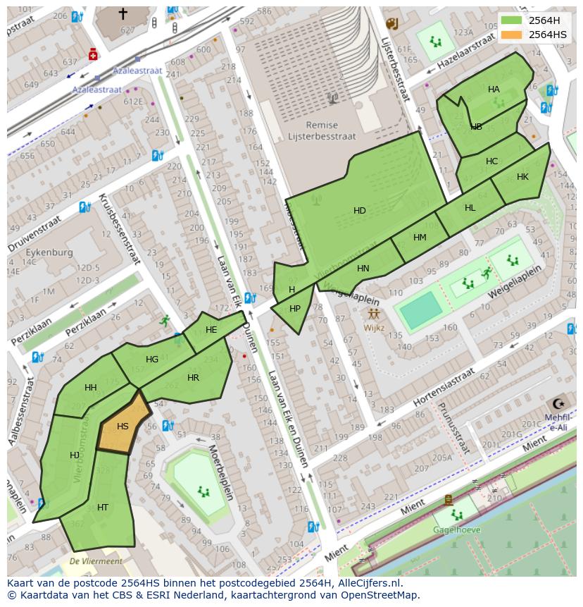 Afbeelding van het postcodegebied 2564 HS op de kaart.