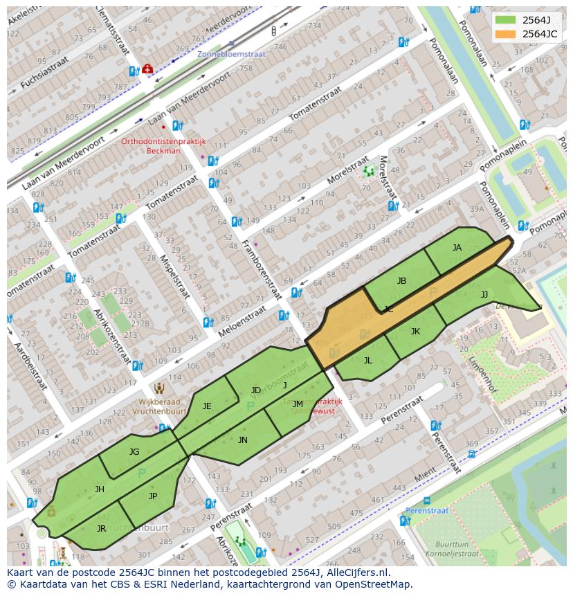 Afbeelding van het postcodegebied 2564 JC op de kaart.