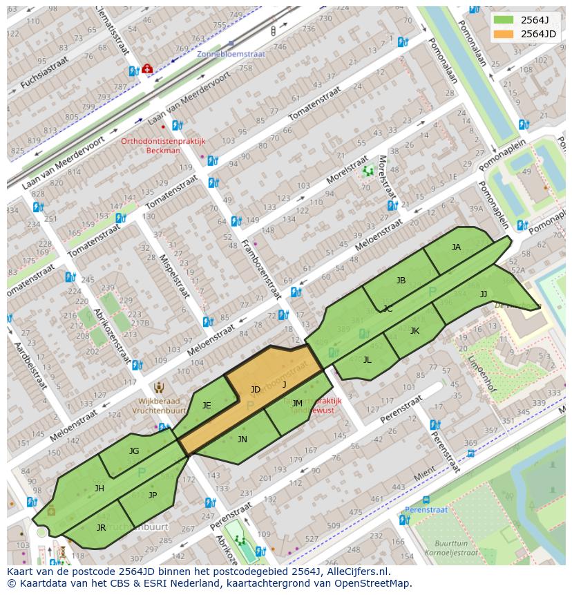 Afbeelding van het postcodegebied 2564 JD op de kaart.